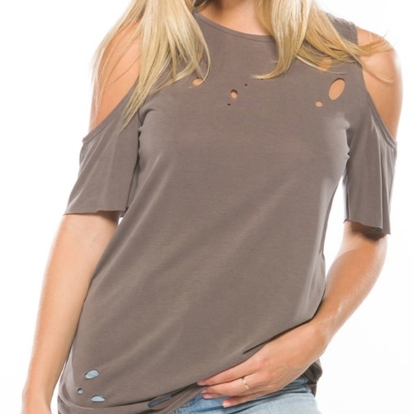 COLD SHOULDER DISTRESSED LIGHT BROWN TEE - Picture 1 of 6